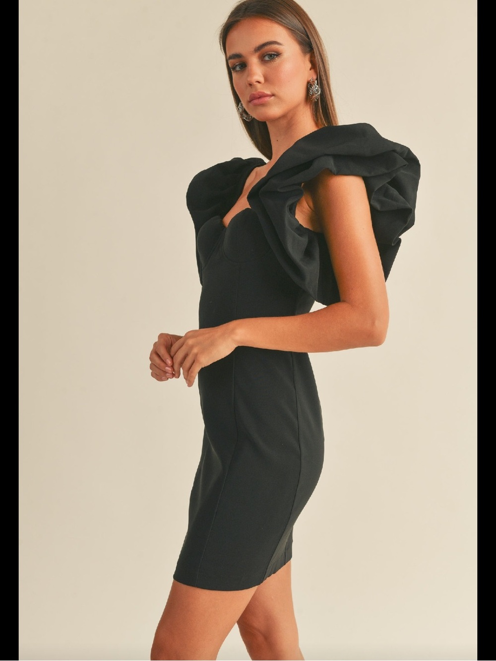 Miou Muse Structural Puff Ruffle-Sleeve Bodycon Bustier Dress ♥️♥️